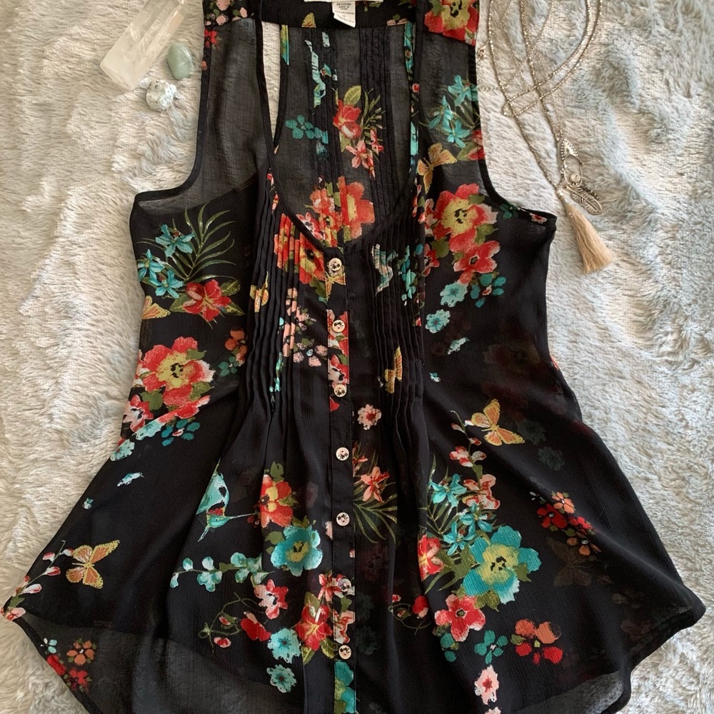 Sheer black tank top with floral print